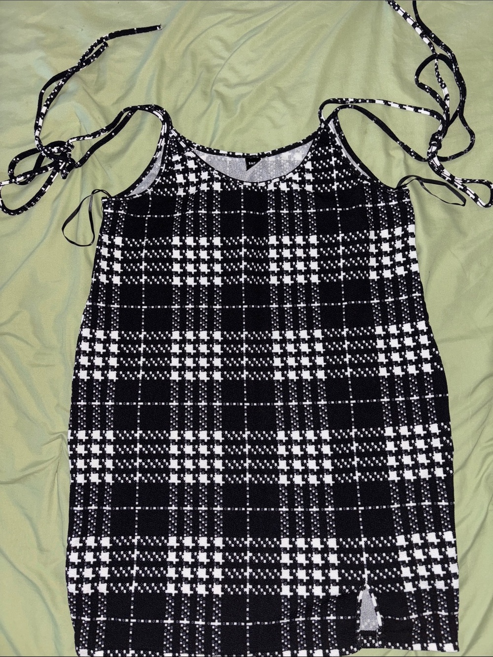 Women Black & White Plaid Tie-Strap Shoulder Overall Dress